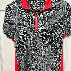 Tail Women's Black & White Patterned Golf Top with Pink-Red Trim